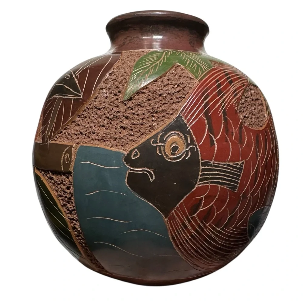 Nicaraguan Art Pottery Vase Hand Carved Monkey Butterfly